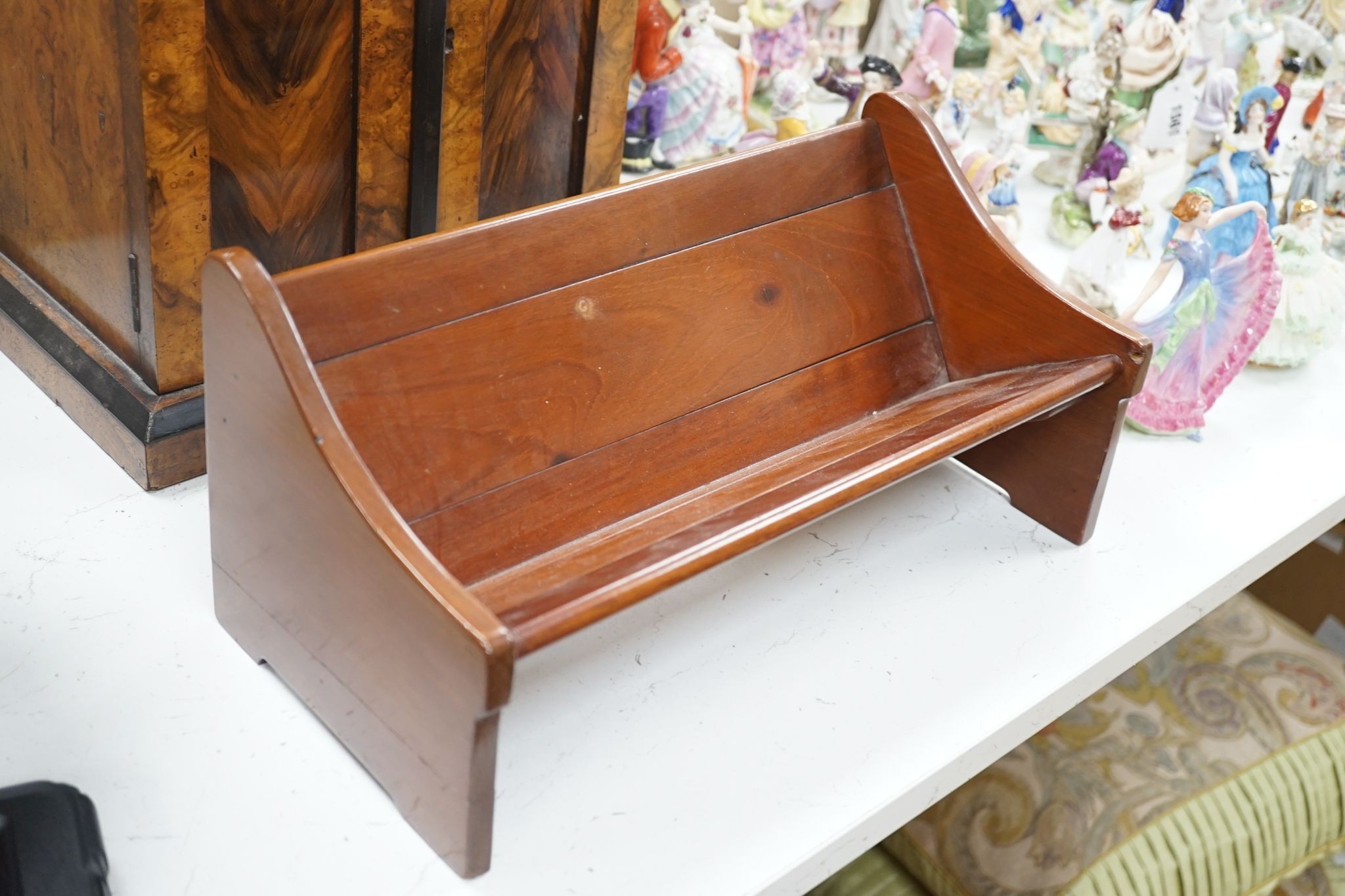 A Victorian walnut collector’s cabinet of drawers and adjustable book trough made out of ‘mahogany from the popular pleasure steamer “La Marguerite” dismantled 1926’